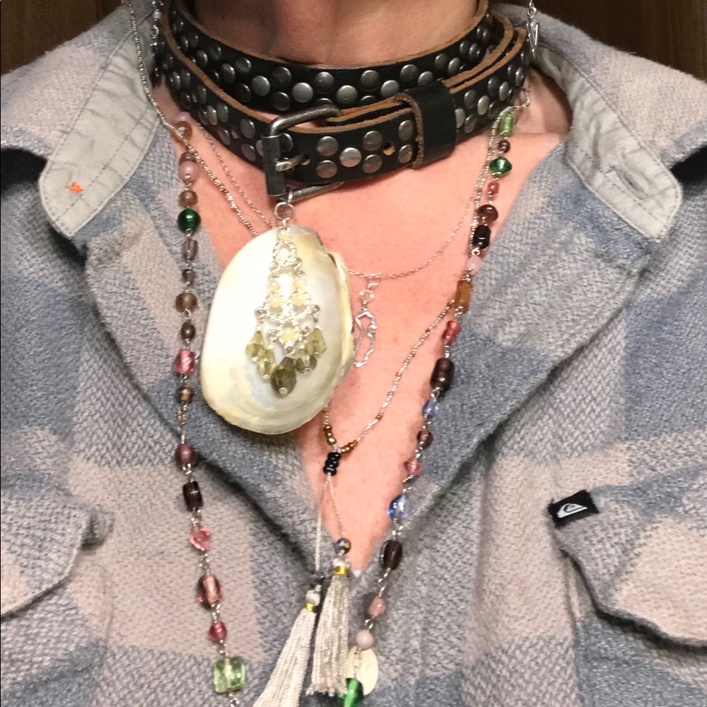 Boho Leather Choker Statement Shell  Vintage Jewel